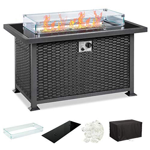 U-MAX 44in Outdoor Propane Gas Fire Pit Table, 50,000 BTU Auto-Ignition Gas Firepit with Glass Wind Guard, Black Tempered Glass Tabletop & Clear Glass Rock, Black PE Rattan, CSA Certification