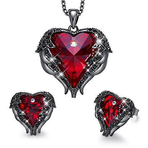 CDE Halloween Jewelry Gift Women Jewelry Set Vampire Crystals Dark Red Pendant Necklace and Studs Earrings Love Heart Pendant Angel Wing Necklace Women Mothers Day Jewelry Gift for Halloween