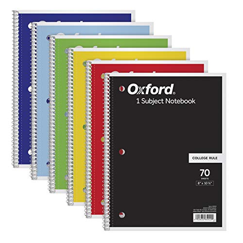 TOPS/Oxford 1-Subject Notebooks, 8' x 10-1/2', College Rule, 70 Sheets, 6 Pack, Color Assortment May Vary (65007)