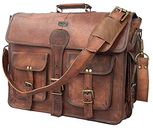 DHK 18 Inch Vintage Handmade Leather Messenger Bag Laptop Briefcase Computer Satchel bag For Men (DARK BROWN)