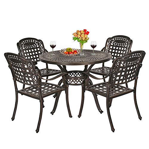 OKIDA 5 Piece Outdoor Cast Aluminum Patio Dining Set, Conversation Furniture Set for Patio Deck Garden with 4 Chairs and Round Table, Umbrella Hole, Flora and Lattice Design