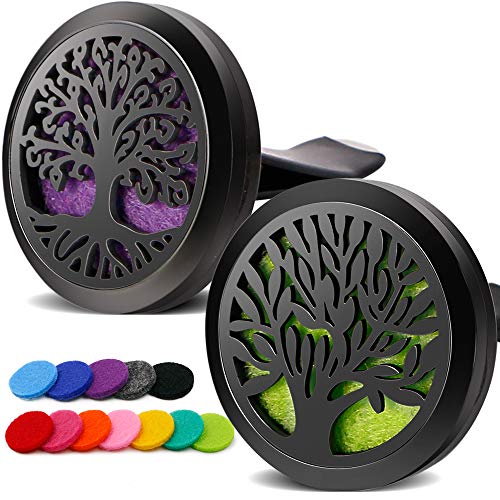 RoyAroma 2PCS Tree of Life Car Diffuser Aromatherapy Essential Oil Black Stainless Steel Locket with Vent Clip 12 Felt Pads