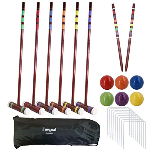 Juegoal Six Player Deluxe Croquet Set with Wooden Mallets, Colored Balls, Brown Vintage Style, Sturdy Bag for Adults &Kids, Perfect for Lawn, Backyard and Park, 28 Inch