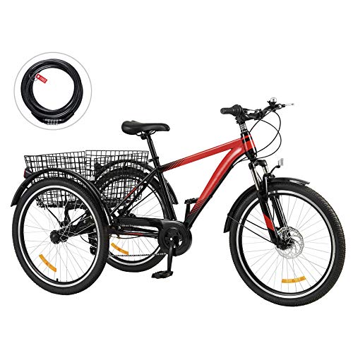 Viribus 7-Speed Adult Tricycle w Adjustable Handlebars and Seat Three-Wheel Mountain Bicycle for Men and Women Complete Beach Cruiser Trike with Basket Lights Bell for Adults (Red2, 26'/7-Speed)