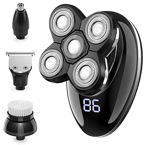 Head Shaver for Bald Men - Electric Mens Shavers 4-in-1 Rechargeable Bald Shaver Head Razor with LED, Cordless Wet and Dry Rotary Shaver Grooming Kit with Clippers Nose Trimmer Facial Brush