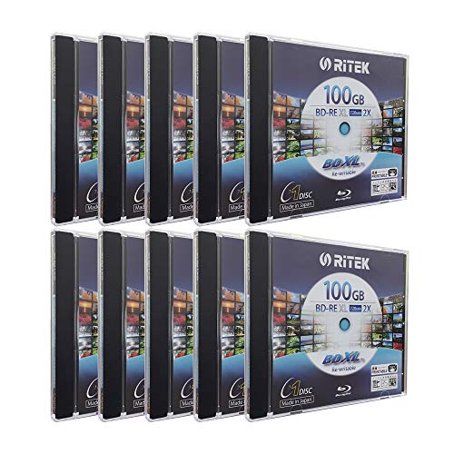 10 Pack Ritek BD-RE XL Rewritable BDXL 100GB Triple Layers 2X White Inkjet Hub Printable Blank Disc