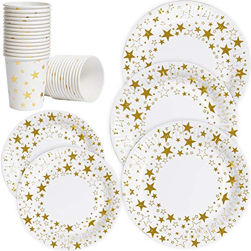 Disposable Everyday Paper Plates and Cups Set,7'/9' Dinner and Dessert Plates-100 Count,Biodegradable 9oz Hot Cup-50 Pcs,Gold Dot Printed Disposable Plate for Bridal Baby Shower,Wedding,Birthday Party