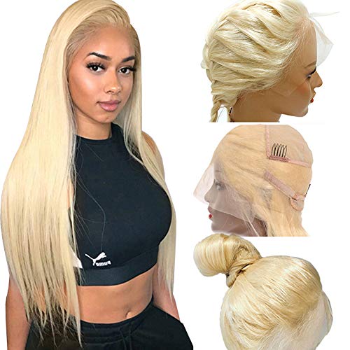 Blonde Full Lace Wigs 150% Density 16inches #613 Blonde Human Hair Thick End Pre Plucked with Baby Hair Free Part Brazilian Remy Hair Lace Wigs Bleached Knots Transparent Tinted Lace Color Wigs