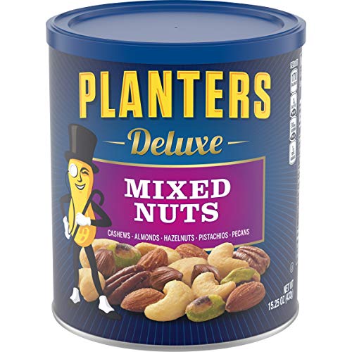 PLANTERS Deluxe Mixed Nuts with Hazelnuts, 15.25 Oz. Resealable Jar - Cashews, Almonds, Hazelnuts, Pistachios & Pecans Roasted in Peanut Oil with Sea Salt - Kosher Savory Snack