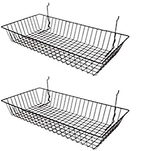 Black Wire Baskets for Slatwall, Gridwall or Pegboard (Set of 2), Merchandiser Baskets, Perfect for Retailers or Home Use, Black Vinyl Coated Wire Baskets, 24” L x 12” D x 4” H, Shallow Baskets
