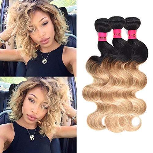 WOME Brazilian Ombre Blonde Remy Hair Bundles 3 Bundles Total 150g Cheap #1B/27 Body Wave Human Hair Weaves Extensions (10' 10' 12')