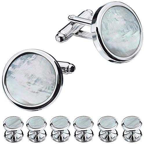 HAWSON Mother of Pearl Man Tuxedo Shirt Studs and Cufflinks Set for Wedding Business (Silver Tone- MOP)