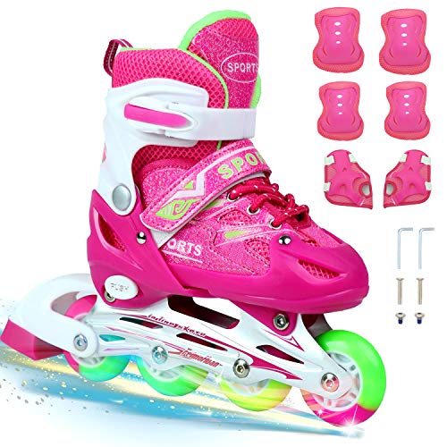 ZALALOVA Inline Skates for Kids, 4 Size Adjustable Skates with Shiny Surface and Light Up Wheels Beginner Pink Roller Skates for Girls
