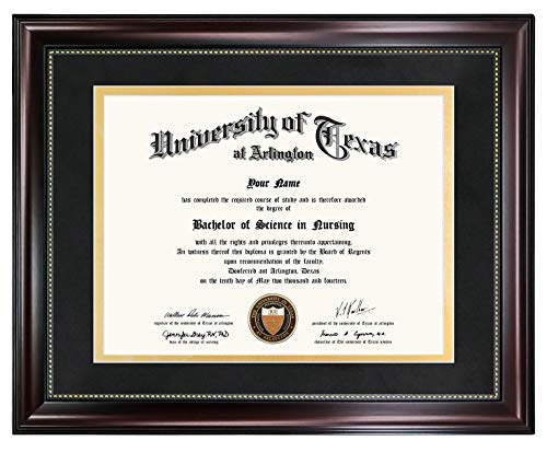 GraduationMall 11x14 Diploma Frame for 8.5x11 Document/Certificate, Professional Wooden Look with Black Over Gold Mat, Real Glass, Mahogany with Gold Beaded