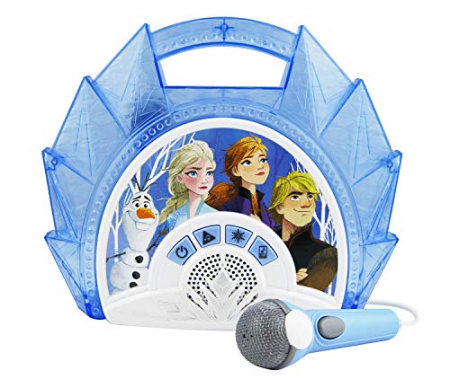 Frozen 2 Sing Along Boombox with Microphone, Built in Music, Flashing Lights, Real Working Mic for Kids Karaoke Machine, Connects Mp3 Player Aux in Audio Device