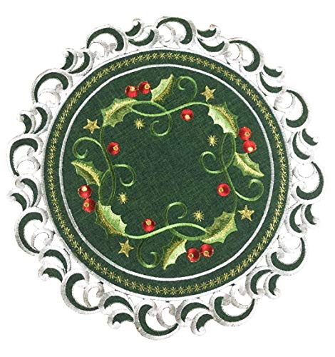 GRANDDECO Holiday Christmas Placemat 14' Set of 4, Cutwork Embroidered Floral Holly Berry Dresser Scarf Table Topper for Home Dining Xmas Table Top Decoration,Round