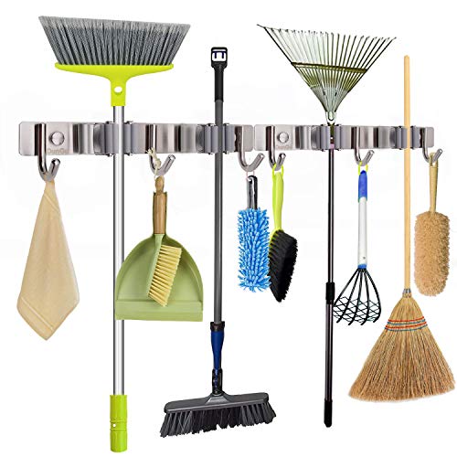 DunGu Mop Broom Holder Wall Mounted Stainless Steel Long-Term Use 11Inch Cleaning Tool Organizer 2Packs with 4 Clips & 6 Hooks for Home Garage Garden Tool Storage