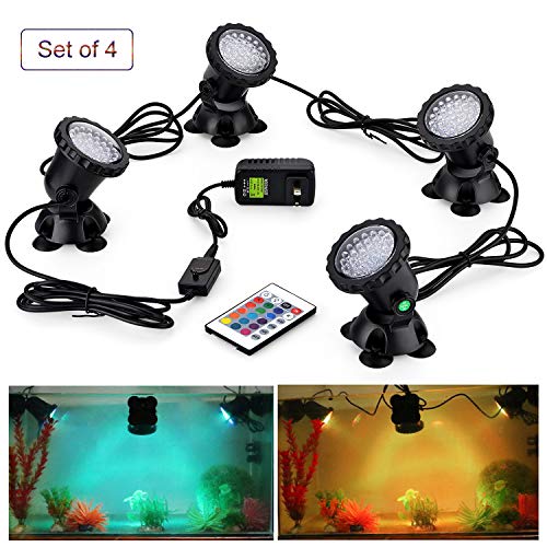 CPROSP Pond Lights 3.5W/Light Remote Control Submersible Lamp IP68 Waterproof Underwater Aquarium Spotlight 36-LED Multicolor Decoration Landscape Lamp for Swimming Pool Fish Tank Fountain (Set of 4)