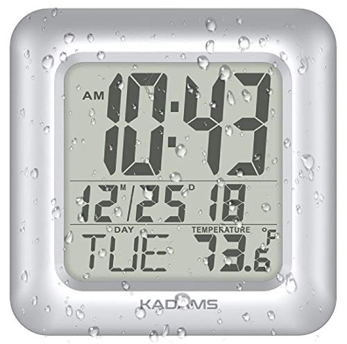 KADAMS Digital Bathroom Shower Wall Clock, Waterproof for Water Spray, Temperature, Seconds Counter, Moisture Proof, Large Display, Calendar Month Date Day, Suction Cup Stand Hanging Hole SILVER FRAME