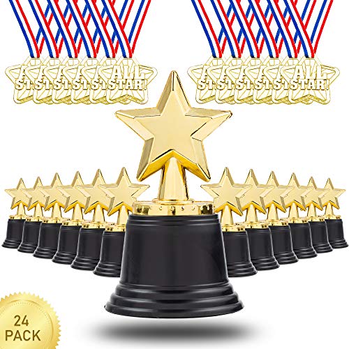 Favonir™ 12 Set Of Trophies & Pack Of 12 Medals –Star Trophy Awards And Medal For Kids & Adults. Reward Prizes For Parties, Celebration, And Sports Events in School, Home, And Office. Prize Favors
