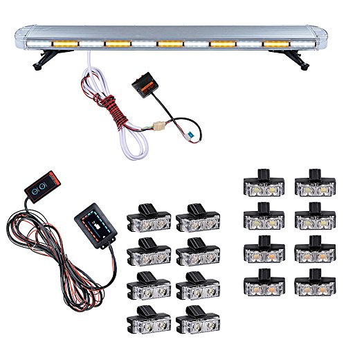 Combo AMBER WHITE 51 inch 96-LED Emergency Beacon Strobe Light Bar + 16pcs 2-LED Flashing Control Grille Strobe Light Warning Hazard Car Tow Truck Plow