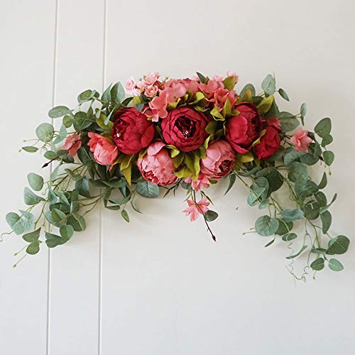 INFILM 30Inch Wedding Artificial Peony with Green Leaves Swag,Handmade Flowers Backdrop Table Runner Centerpiece Garland for Arch Front Door Wall Home Hanging Wreath Decor