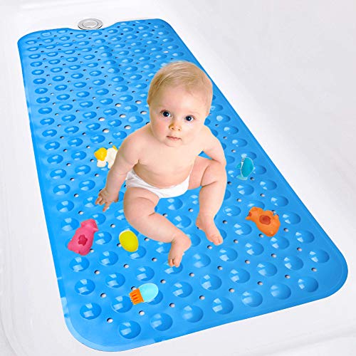 MATELOTI Bath Tub Mat - Upgrade Baby Bath Mat Non Slip Extra Long Bathtub Mat for Kids 40 X 16 Inch, Anti Slip Bath Mat with Suction Cups for Bathroom Tub (Blue)
