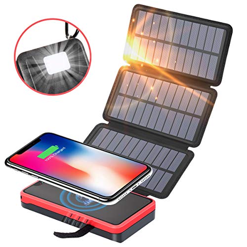 SOXONO Solar Charger Qi Wireless Portable Power Bank 20000mah with 3 Solar Panels Flashlight Dual 5V/2.1A USB Ports Waterproof External Battery Pack Compatible with Smartphones, Tablets, etc