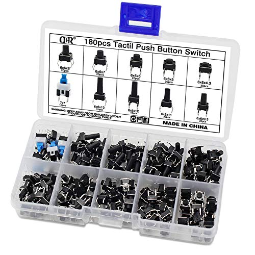 OCR 180Pcs Tactile Push Button Switch 10 Values 6x6mm Micro Momentary Tact Button Switches Assortment Kit