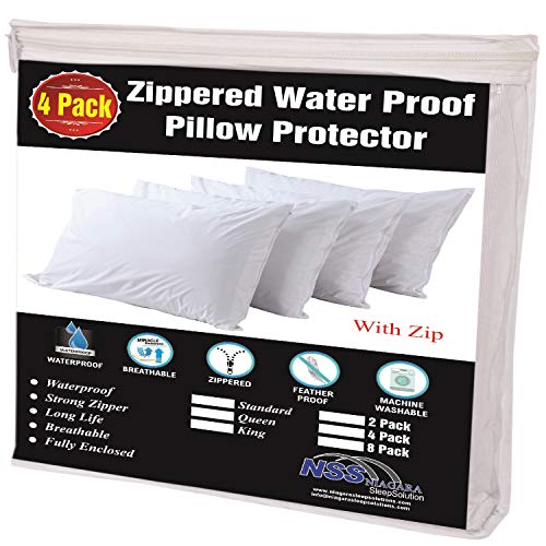 Niagara Sleep Solution 4 Pack Waterproof Pillow Protectors Standard 20x26 Inches Life Time Replacement Smooth Zipper Premium Encasement Covers Quiet Cases Set White 100% Liquid Protection