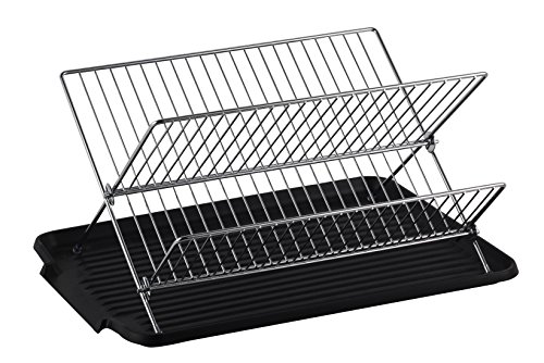 Deluxe Chrome-Plated Steel Foldable X Shape 2-Tier Shelf Small Dish Drainers with Drainboard (BlackII)