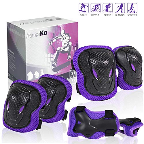 AresKo Kids/Youth Protective Gear Set, Kids Knee Pads and Elbow Pads Wrist Guard Protector 6 in 1 Protective Gear Set for Scooter, Skateboard, Bicycle, Inline Skating