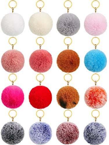 16 Pieces Pom Poms Keychains Fluffy Ball Pompoms Key Chain Faux Fur Colorful Pompoms Keyrings for Girls Women Hats Shoes Bags Accessories