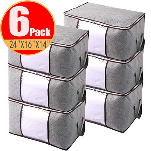 JERIA 6-Pack Extra Large Capacity Storage Bins with Clear Window, Closet Organizer and Clothes Storage Bags, 3 Layers Fabric, Reinforced Handle and Sturdy Zipper (Size:24' L X 16' W X 14' H)