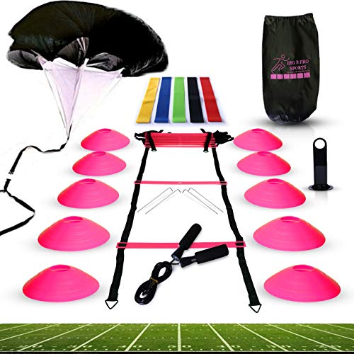 Big B Pro Sports Speed Agility Training Set - Includes Ladder, 10 Cones with Holder, Running Parachute, Jump Rope, Resistance Bands - for Training Football, Soccer, Hockey, and Basketball Athletes.