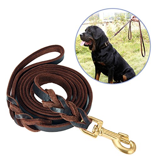 FOCUSPET Leather Dog Leash 6 ft Leather Dog Training Leash Pet Braided Dog Leash for Large Medium Leads Rope Dogs Walking&Training (1/2 Inch,Brown)