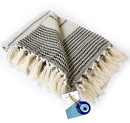 Luxury Fringe Throw Blanket Decorative Lightweight 100% Cotton |40”x71”| for Chair Couch, Boho Farmhouse Rustic Decor Turkish Towel + Evil Eye Beach Bath Spa Gym Yoga Picnic| (Black White)