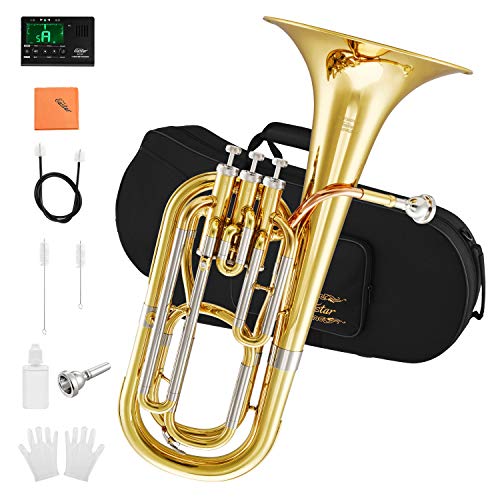 Eastar Marching Bb Baritone Horn Intermediate Gold Lacquer B Flat with Tuner Hard Case Baritone Mouthpiece Gloves Valve Oil Baritone Cleaning Kit, EBT-400