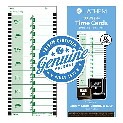Lathem Weekly Thermal Print Time Cards, Single Sided, For Lathem 800P Time Clock, 9 Inch, 100 Pack (E8-100)