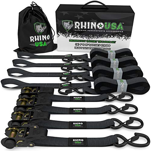 RHINO USA Ratchet Straps (4PK) - 1,823lb Guaranteed Max Break Strength, Includes (4) Premium 1in x 15ft Rachet Tie Downs with Padded Handles. Best for Moving, Securing Cargo (BLACK)