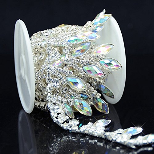De.De. 1 Yard AB Resin Crystal Applique Rhinestone Bridal Trim Fashion Chain Fringe Embellishment Silver