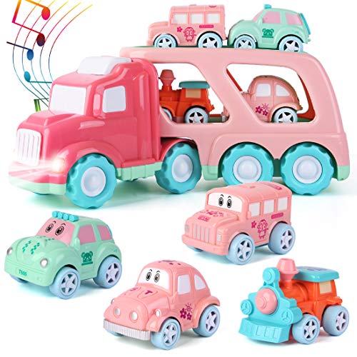 ArgoHome Construction Truck Set with Sound and Light, Transport Cargo Car Toy Play Set, Play Vehicles in Friction Powered Carrier Truck, Car Toy Set for 3 4 5 6 7 Years Old Child Kids Boys Girls Pink