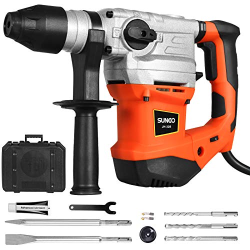 SUNCOO SDS-Plus Rotary Hammer Drill, 13.2 Amp Demolition Hammer with 4400BPM, 950RPM, 7Joules Impact Energy, Safety Clutch and Vibration Control, Including 3 Drill Bits, Flat Chisel, Point Chisel
