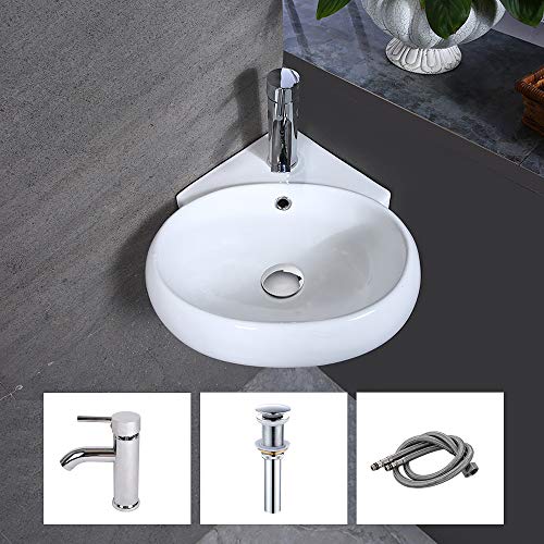 White Ceramic Triangle Bathroom Wall Mount Sink Corner Sink with Single Faucet Hole and Overflow