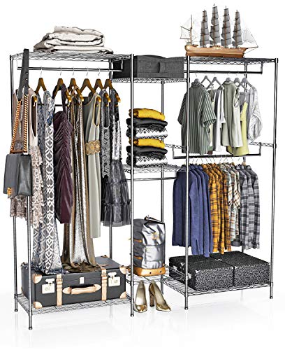 VIPEK 5 Tiers Wire Garment Rack Heavy Duty Clothes Rack Portable Clothes Wardrobe Compact Extra Large Armoire Storage Rack Metal Clothing Rack, 74.4'W x 17.7'D x 76.8'H, Max Load 595.35LBS, Black