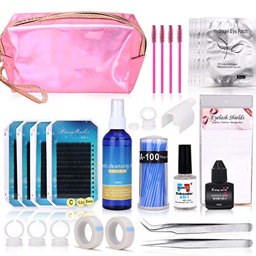 Eyelash Extension Kits, MYSWEETY Full Professional Eyelash Extensions C Curl Eyelahes Lashes Strip Graft Glue Lint-Free Under Patch Pad Tweezers Cleansing Lotion Tools Case Bag Set