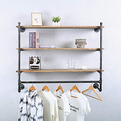 Industrial Pipe Clothing Rack Wall Mounted with Real Wood Shelf,Pipe Shelving Floating Shelves Wall Shelf,Rustic Retail Garment Rack Display Rack Cloths Rack,48in Steam Punk Commercial Clothes Racks