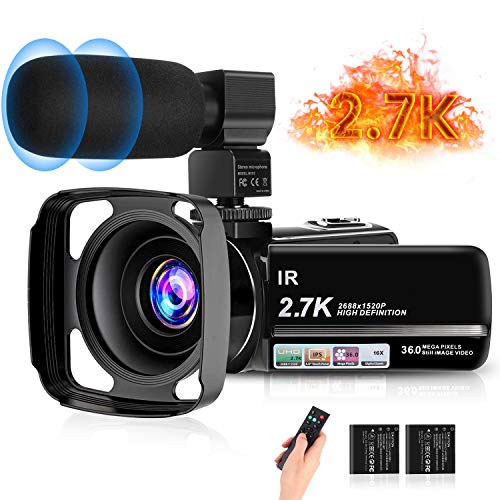 toberto 2.7K Camcorder Video Camera Night Vision Digital Camera Recorder Ultra HD YouTube Vlogging Camera 36MP IR 16X Digital Zoom 3 inch IPS Touch Screen Video Camcorder with Microphone Lens Hood