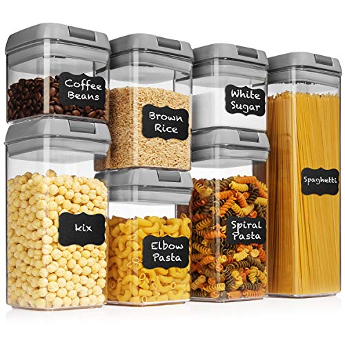 Shazo Airtight Container Set for Food Storage - 7 Piece Set + w/Grey Interchangeable Lids - Heavy Duty Plastic - BPA Free - Airtight Storage Clear Plastic kitchen counter storage Bin -18 Labels+Marker