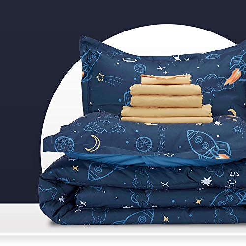 SLEEP ZONE Kids Bed-in-a-Bag Bedding Set Easy-Care Microfiber Ultra Soft Comforter and Sheet Sets with Shams 7 Pieces Space Rocket for Boys, Blue, Full/Queen